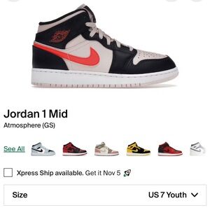 Jordan 1 Mid Atmosphere GS in Black and Red